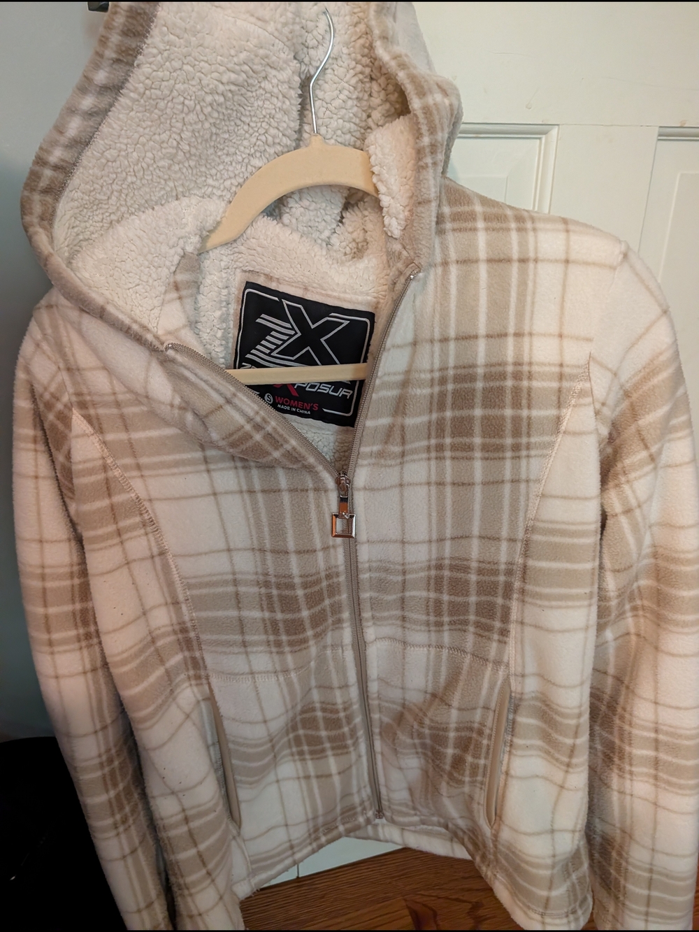 ZeroXposur Cream and Taupe Plaid Sherpa Hoodie Jacket